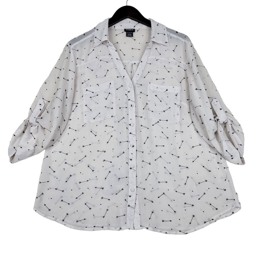Torrid Shirt Womens 0 Large White Sheer Loose Roll Tab 3/4 Sleeve Button Up